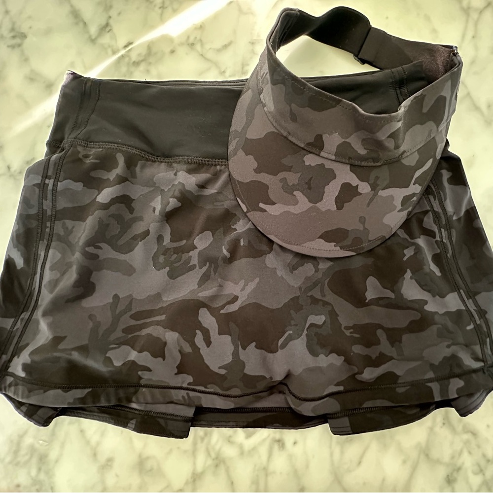 Lululemon Pace Rival Black Camouflage Skirt, Size 4 and Visor